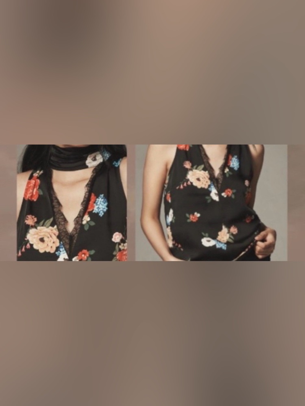 By Anthropologie Silky Black Floral Halter Tank/Lace Trim/Scarf Neck Tie: Size S